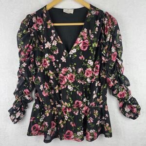 Ember Large Top Long Ruch Sleeve V Neck Pullover Black Floral Cottagecore